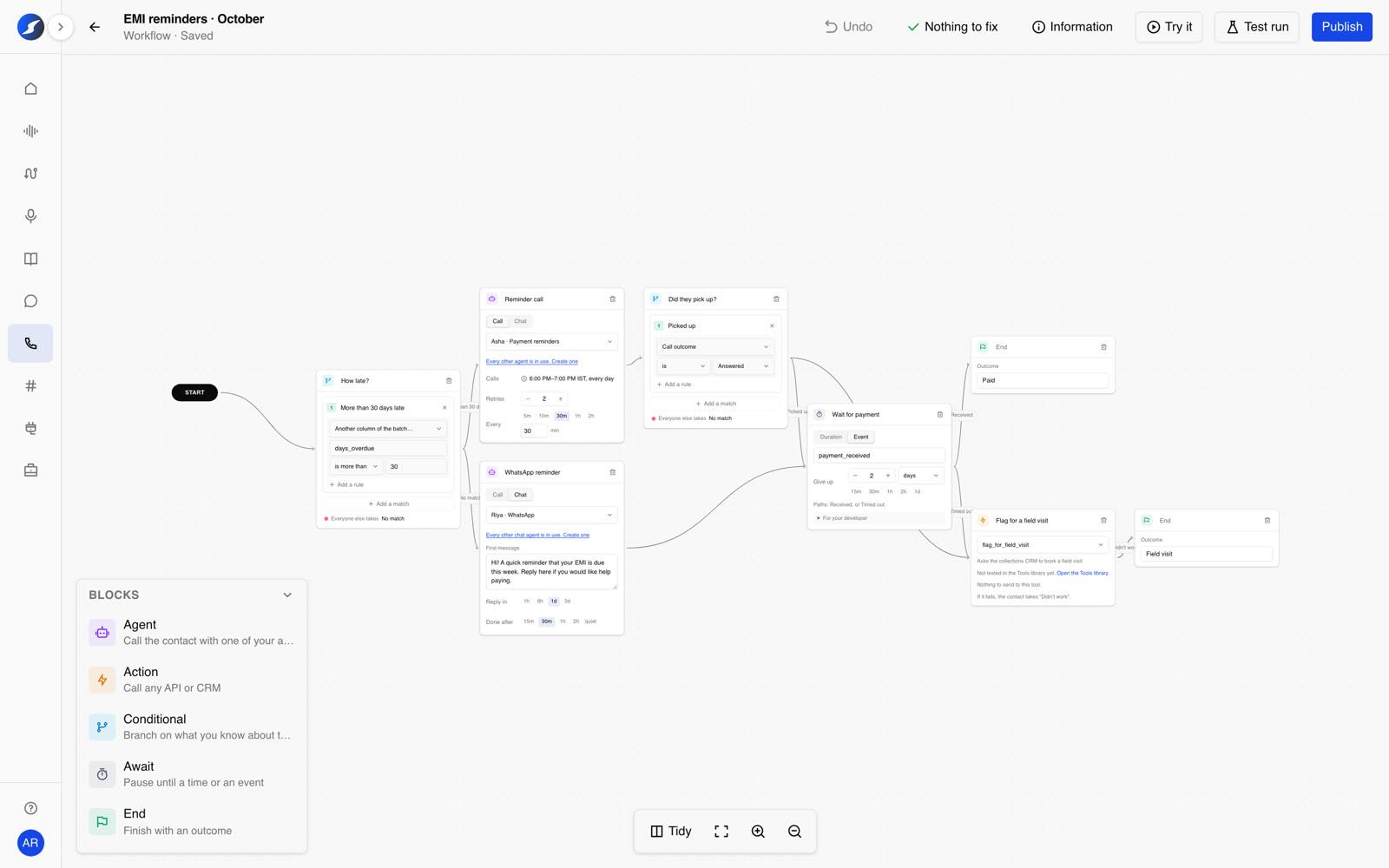 The workflow editor with an EMI reminder workflow