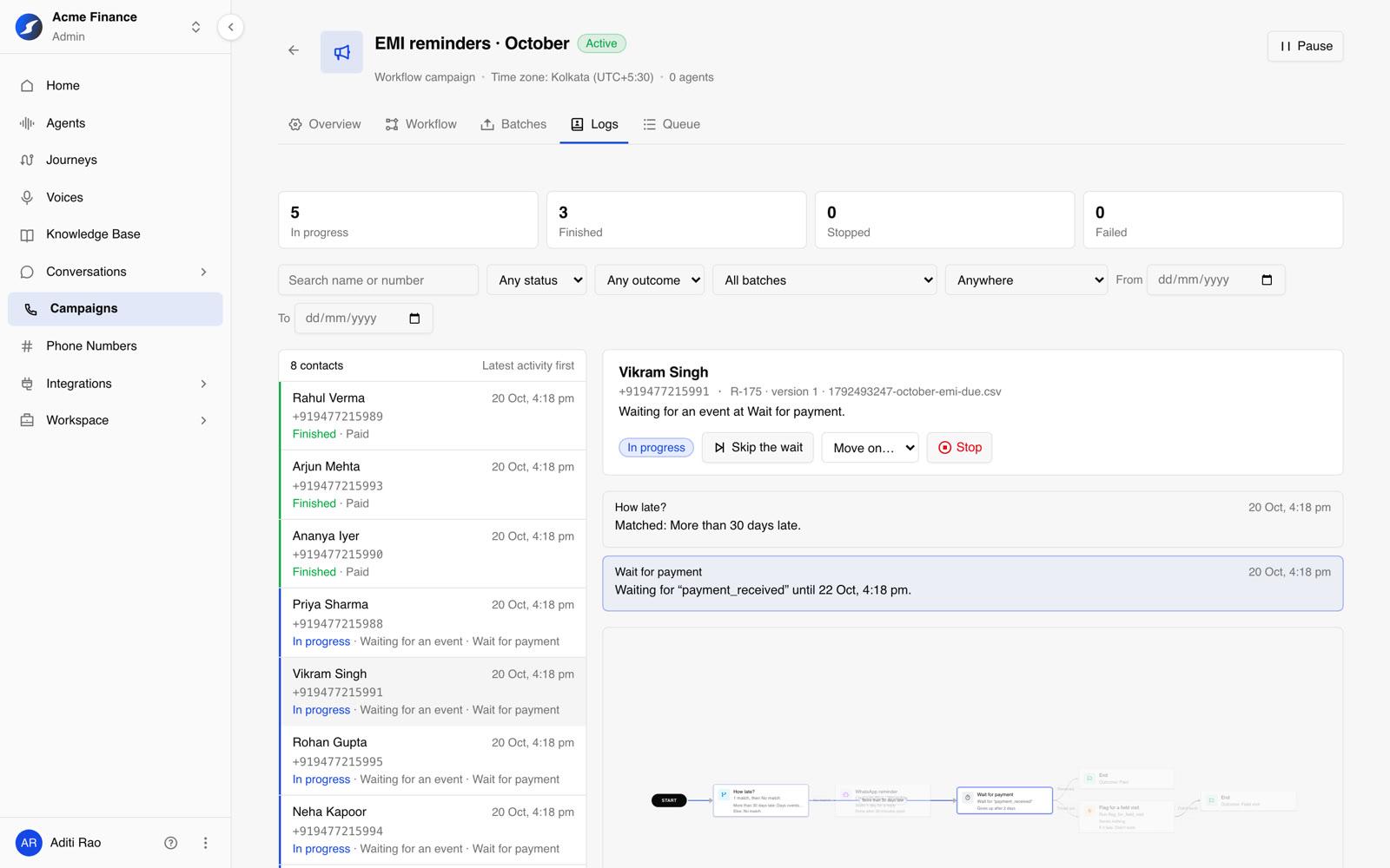 A contact still waiting for payment, with the actions a team member can take