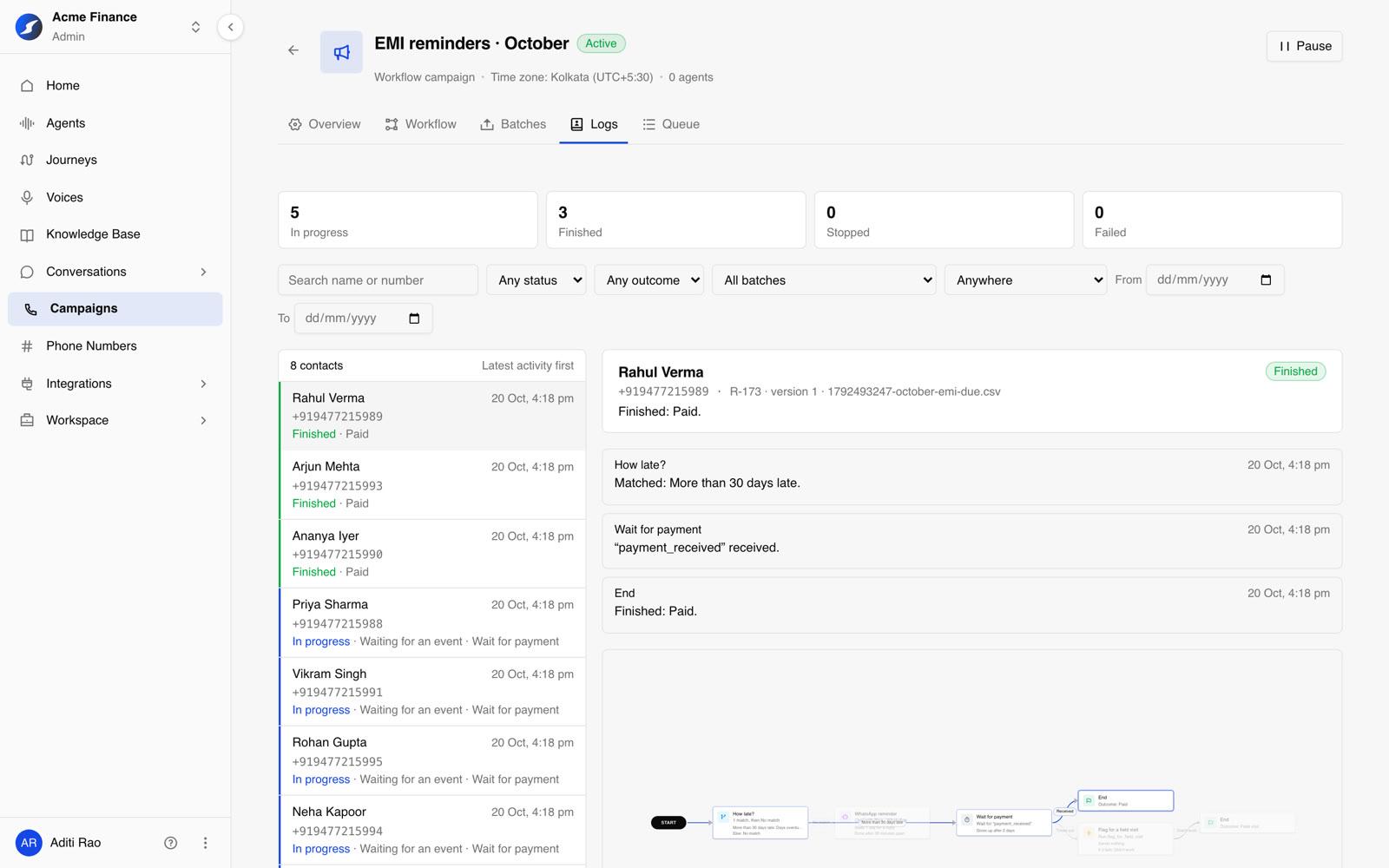 Logs with the contact list beside one contact's story
