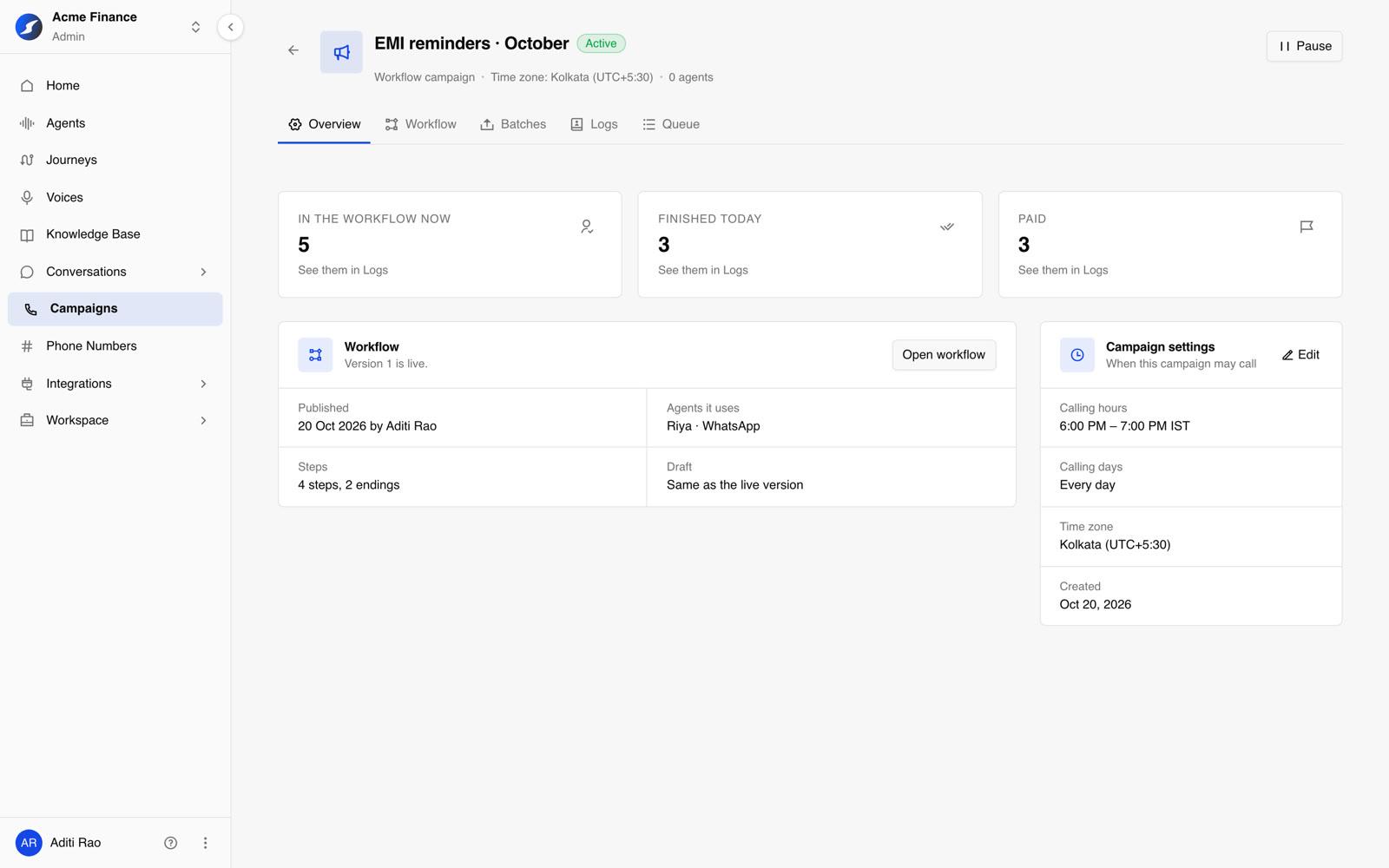 The campaign Overview with workflow numbers and settings